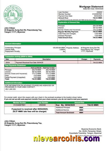 Myanma Economic Bank mortgage statement Word and PDF template